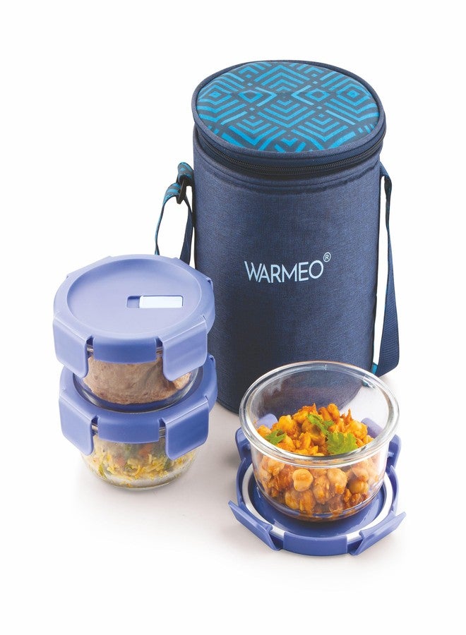 WARMEO علبة طعام وارميو بوروفريش، 3 قطع، مصنوعة من زجاج البوروسيليكات الدائري (سعة كل منها 400 مل) | علبة طعام مانعة للتسرب، آمنة للاستخدام في الميكروويف وغسالة الصحون، مع حقيبة، مناسبة للمكتب والجامعة والمدرسة - Image 1